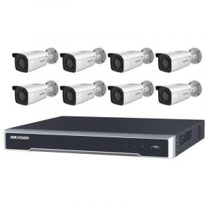 8 Hikvision 8MP 4K IR Fixed Bullet (DS-2CD2T85G1-I5) with 8Ch NVR (7608NI-I2-8P-3TB) and 3TB HDD
